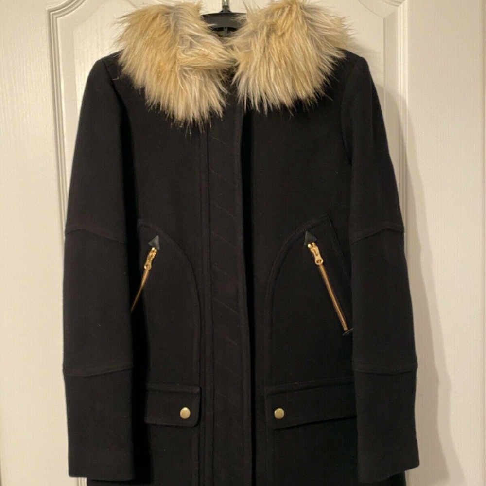 J. Crew Black Pea Coat with Faux Fur Collar